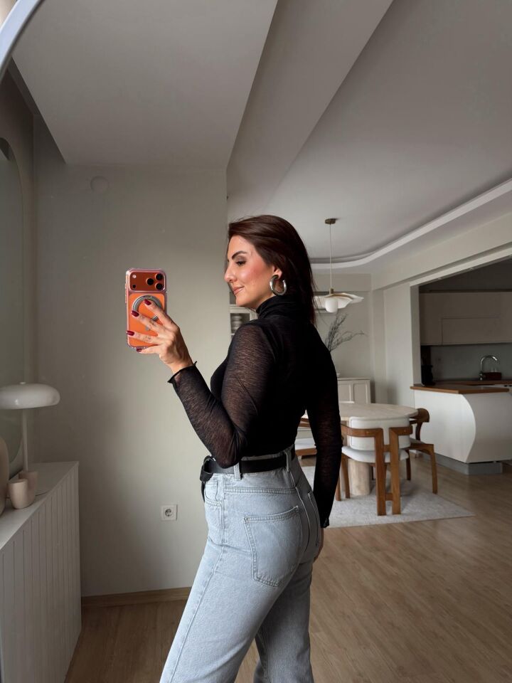 Balıkçı Yaka Transparan Bluz Siyah