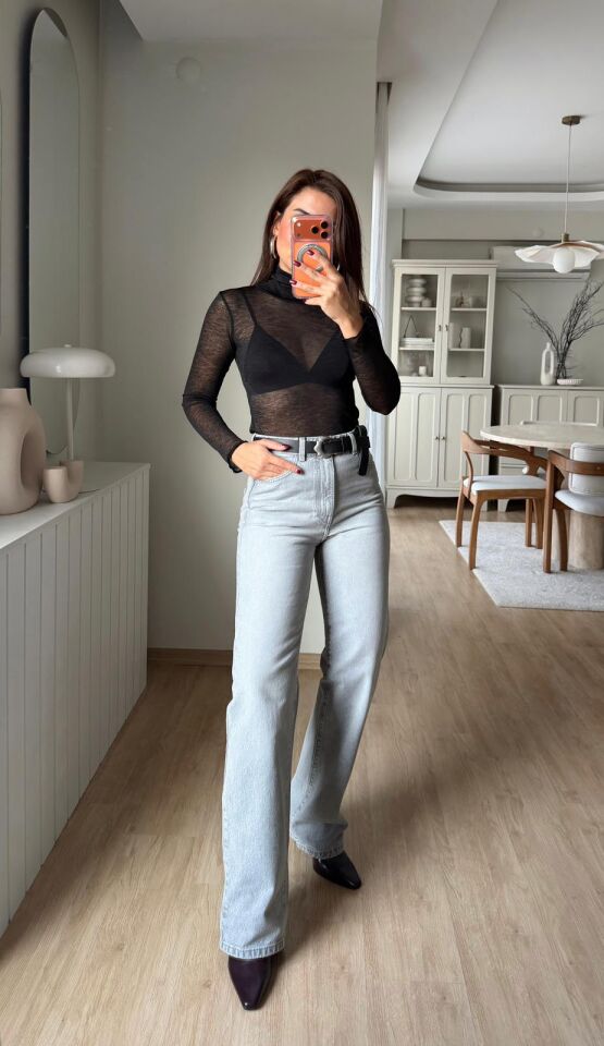 Balıkçı Yaka Transparan Bluz Siyah