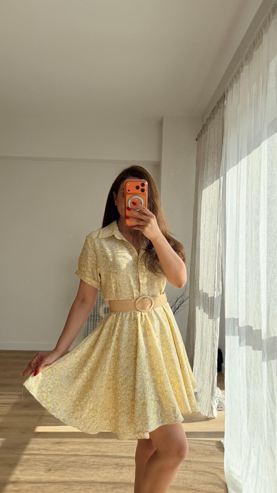 Leopar Mini Kuşaklı Elbise Sarı