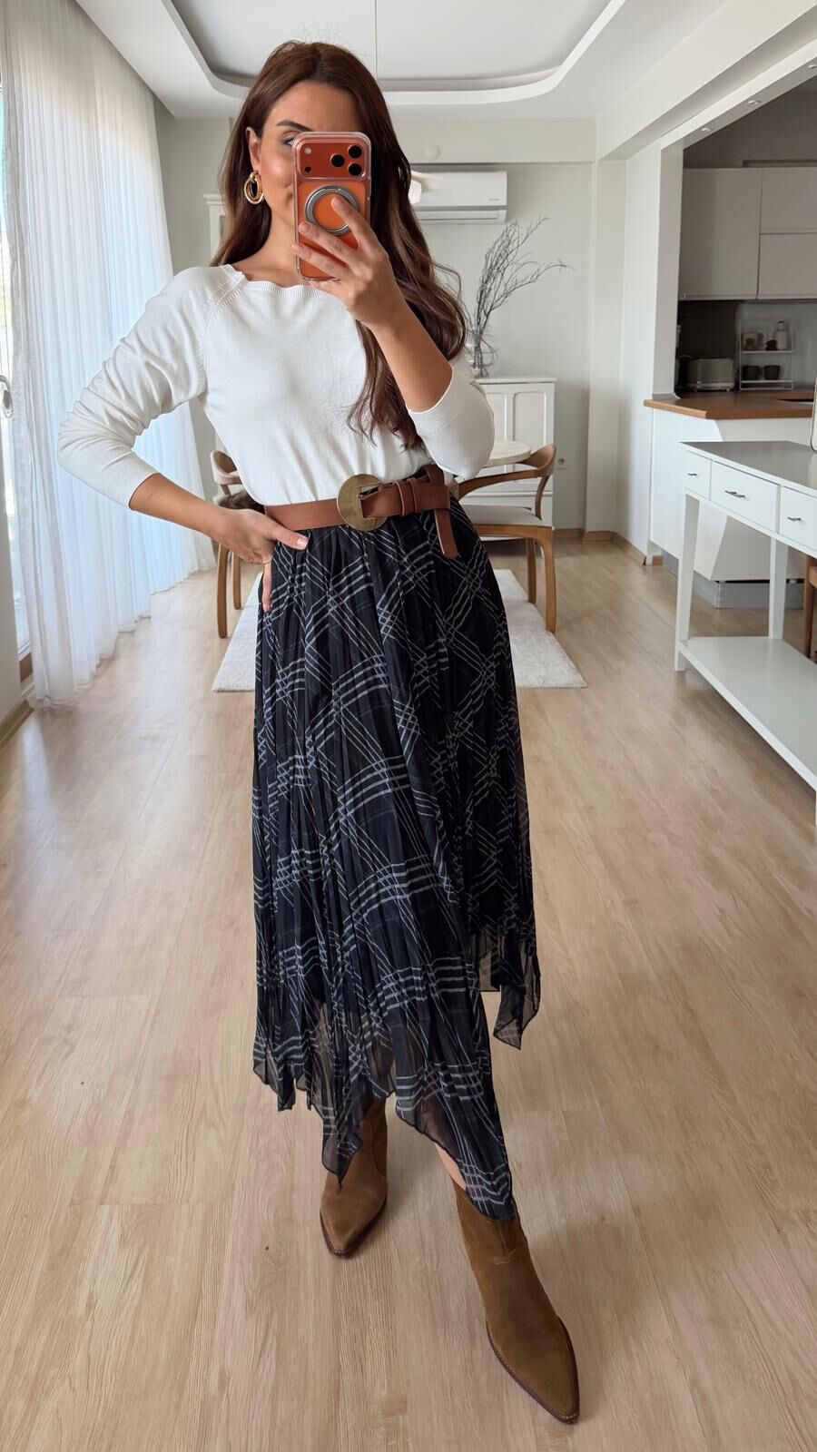 Ekose Desenli Şifon Etek Antrasit