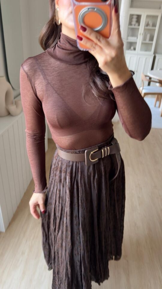 Balıkçı Yaka Transparan Bluz Kahve