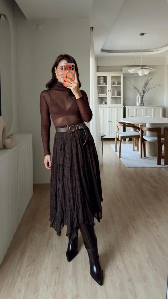 Balıkçı Yaka Transparan Bluz Kahve