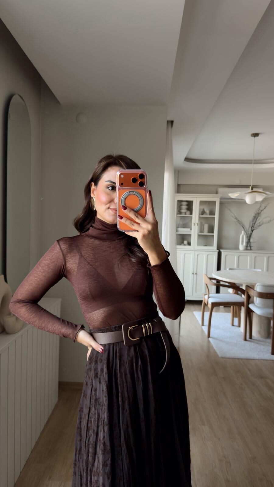 Balıkçı Yaka Transparan Bluz Kahve