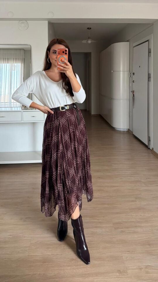 Ekose Desenli Şifon Etek Kahve