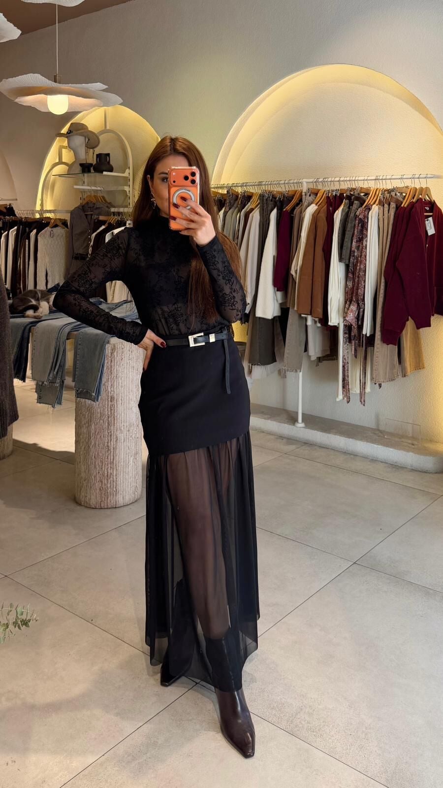 Tül Detay Siyah Mini Etek