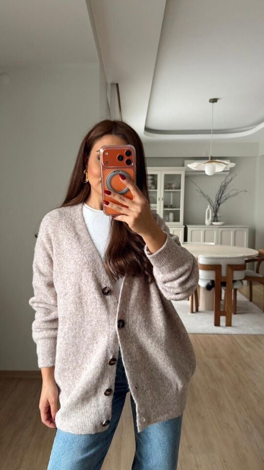 Bej Kahve Düğme Hırka