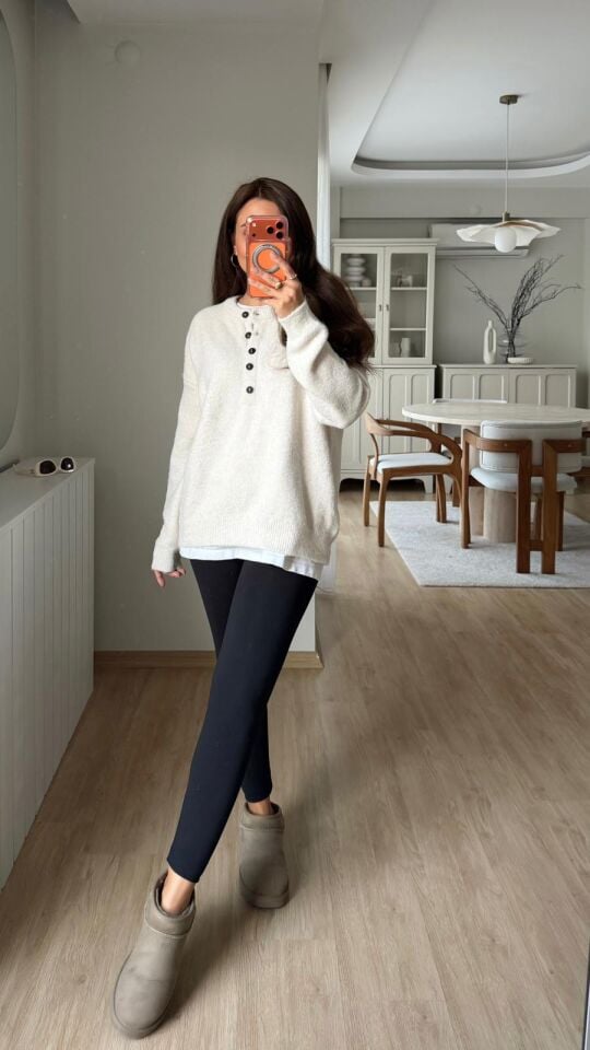 Bisiklet Yaka Düğmeli Kazak Krem