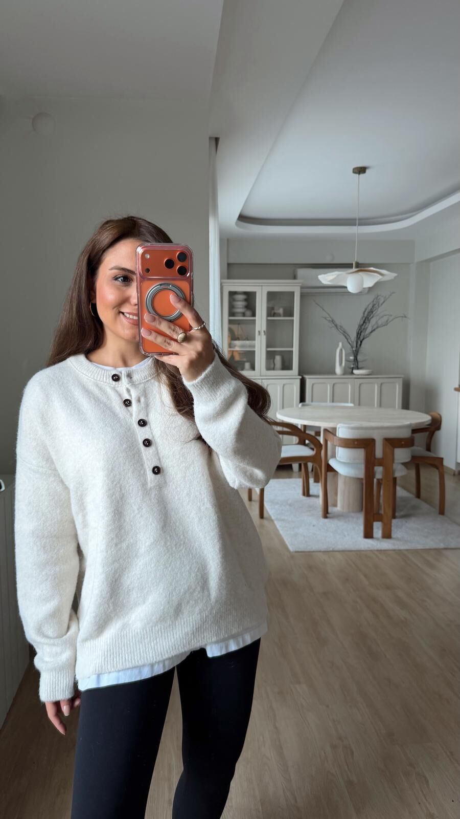 Bisiklet Yaka Düğmeli Kazak Krem