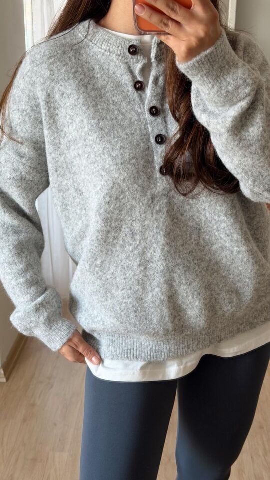 Bisiklet Yaka Düğmeli Kazak Gri