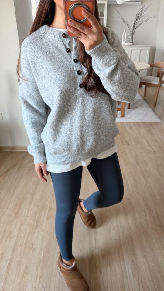 Bisiklet Yaka Düğmeli Kazak Gri