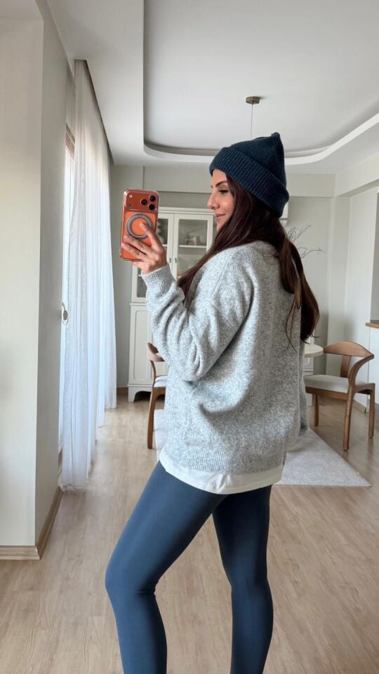 Bisiklet Yaka Düğmeli Kazak Gri