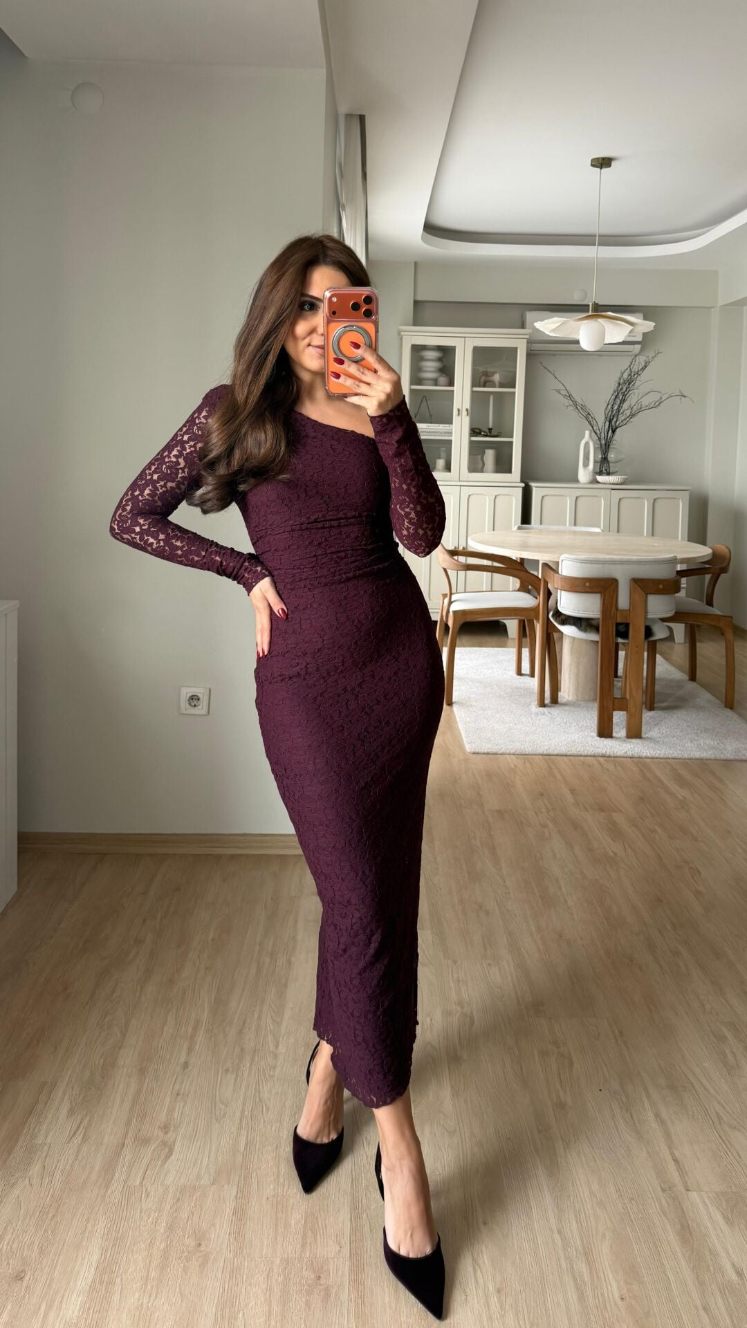 Tek Omuz Güpür Elbise Mürdüm