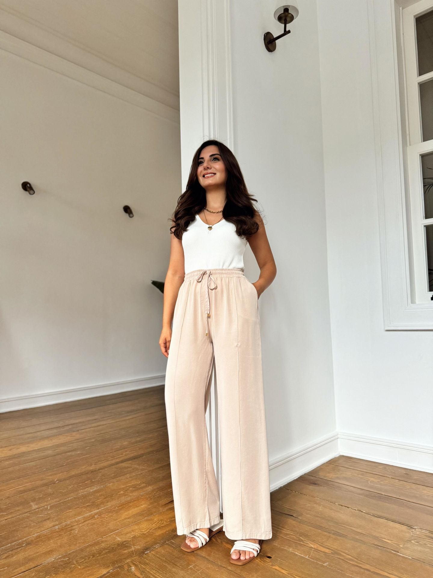 Pamuklu Dikişli Pantolon Bej