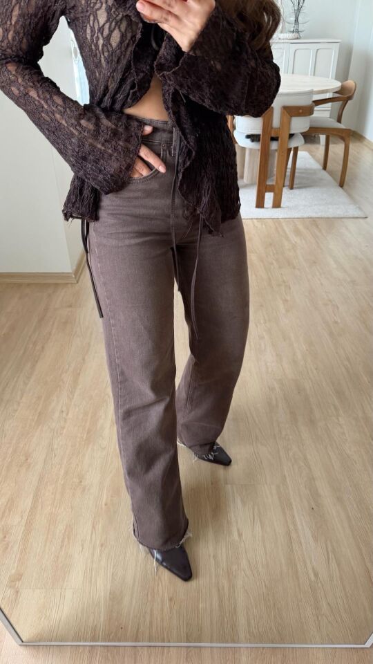 Kahve Taşlamalı Straight Jean