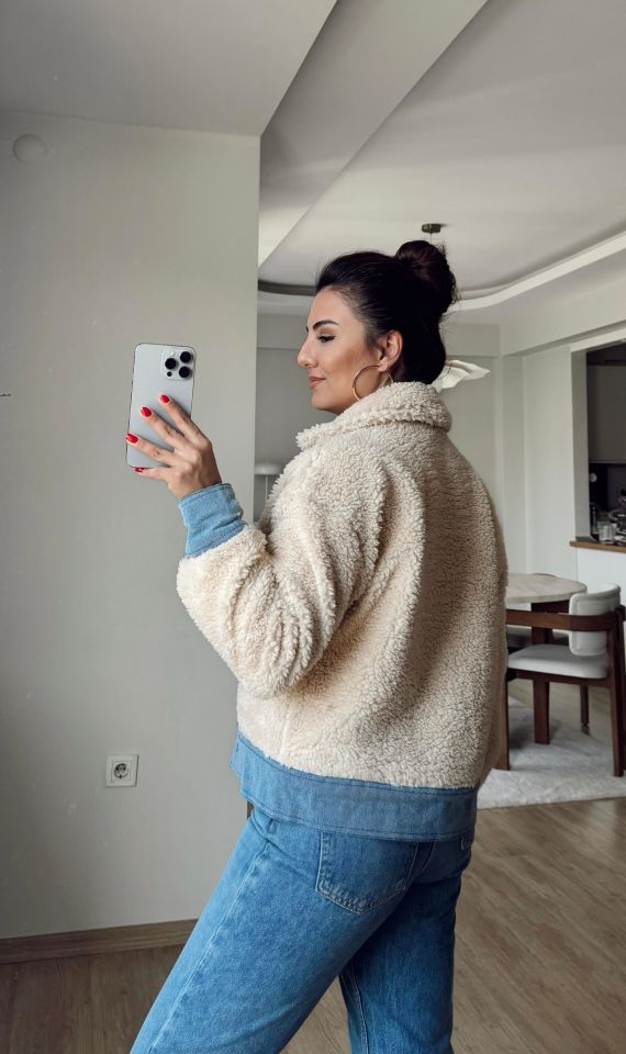 Denim Garnili Peluş Ceket