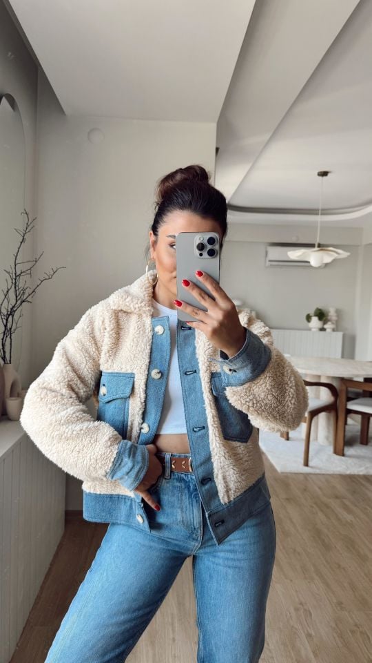 Denim Garnili Peluş Ceket