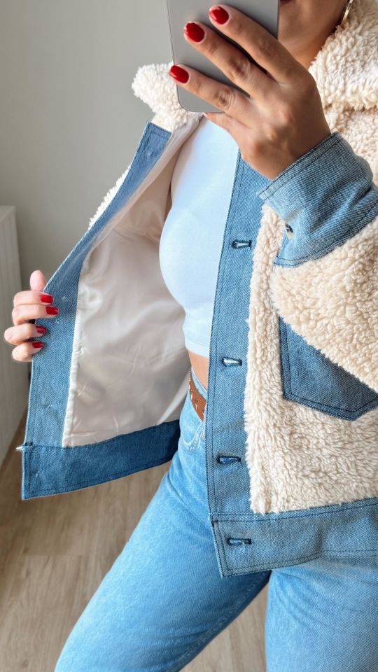 Denim Garnili Peluş Ceket
