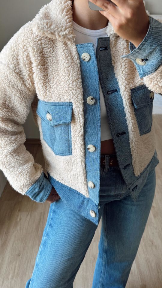 Denim Garnili Peluş Ceket