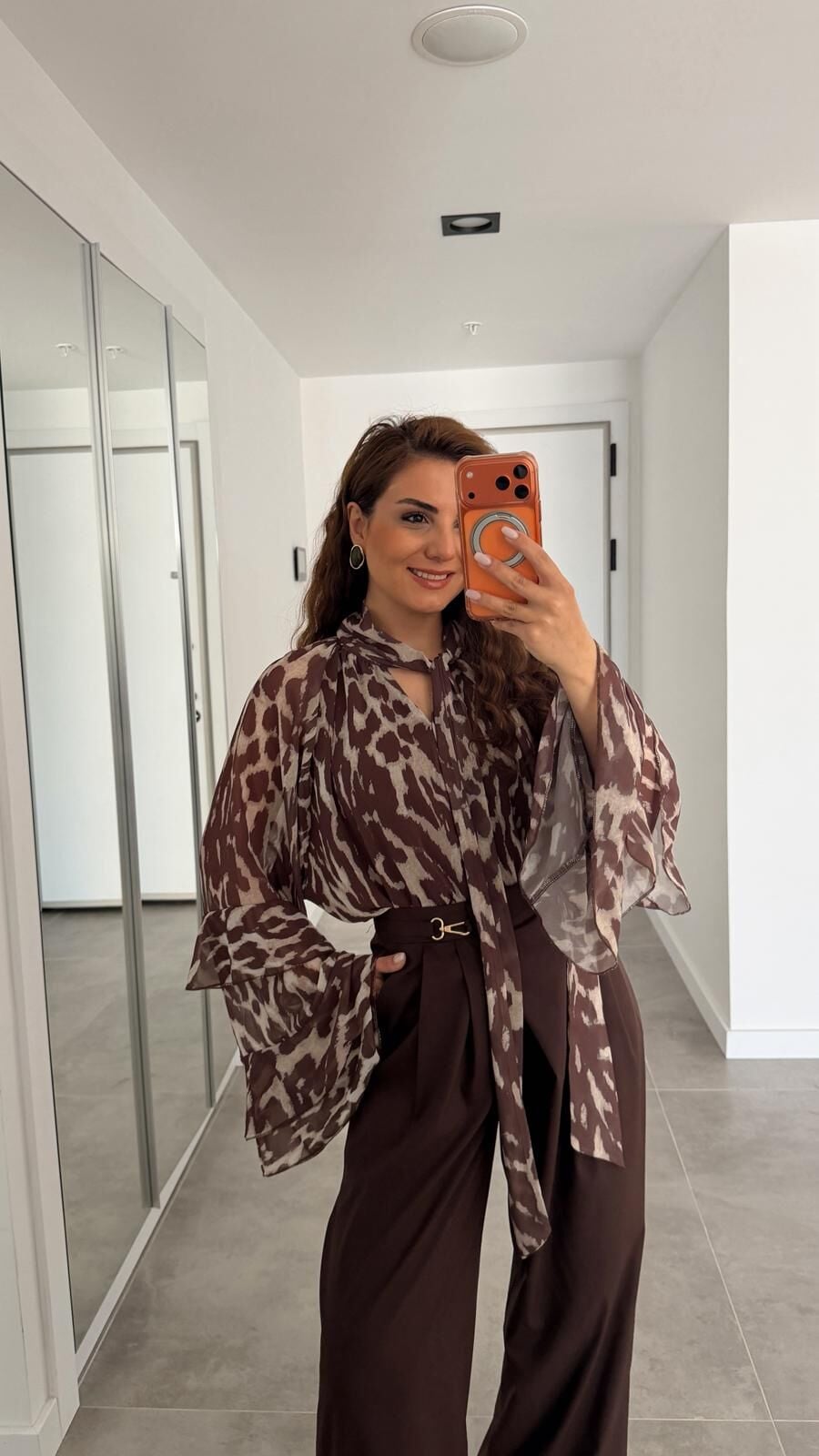 Kahve Desenli Şifon Bluz