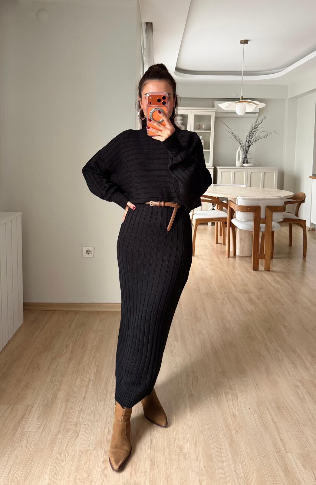 Croplu Elbise Takım Siyah