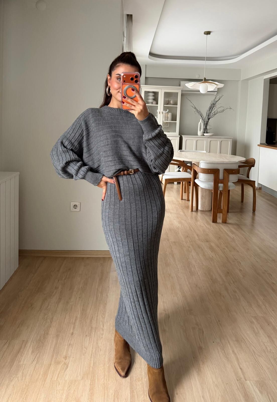 Croplu Elbise Takım Füme