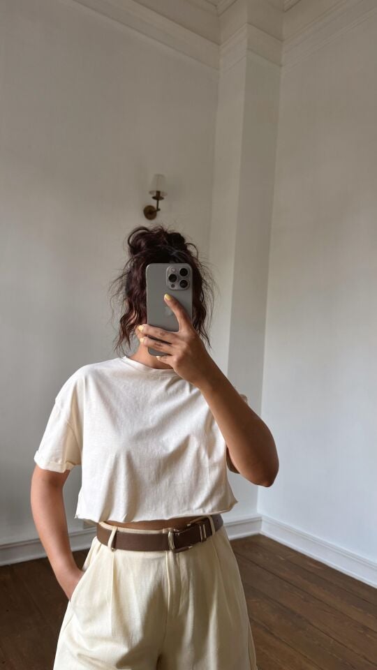 Kesik Uç Crop Tişört-Bej