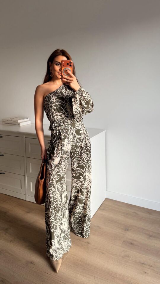 Çiçek Desen Haki Pantolon