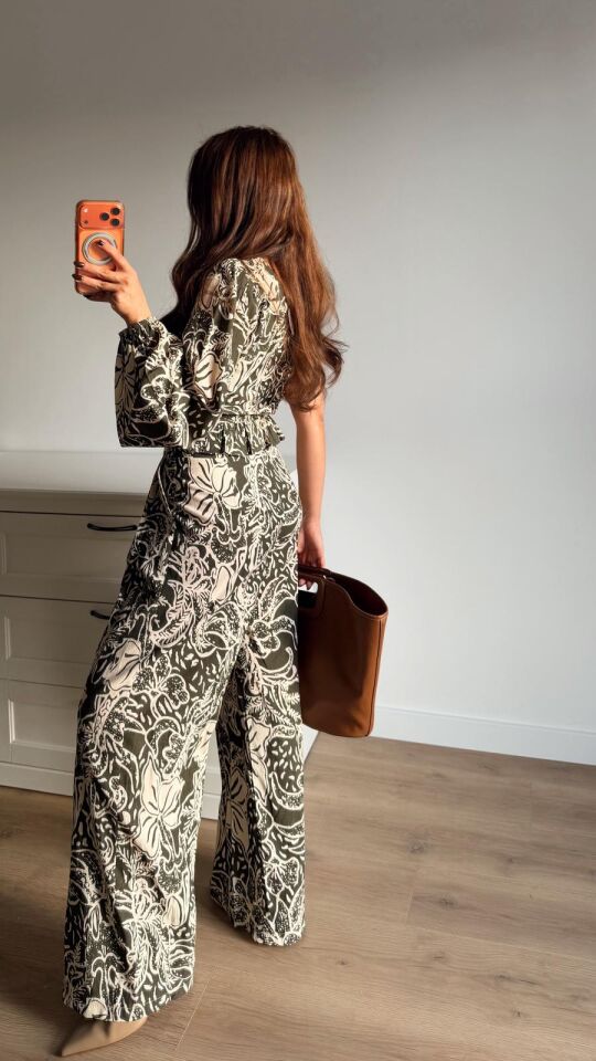 Çiçek Desen Haki Pantolon