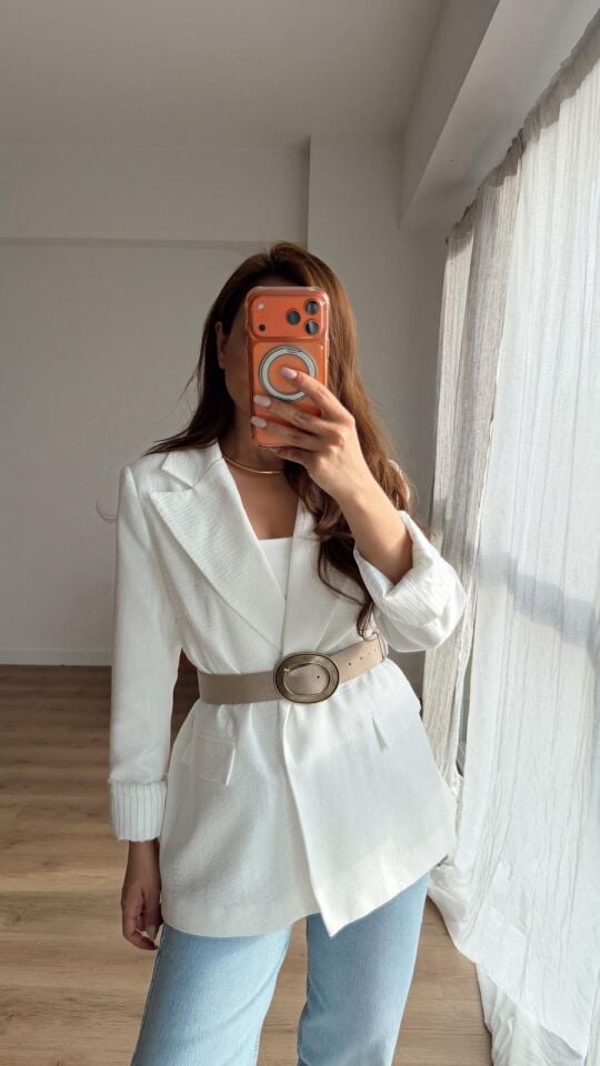Kemerli Keten Blazer Beyaz