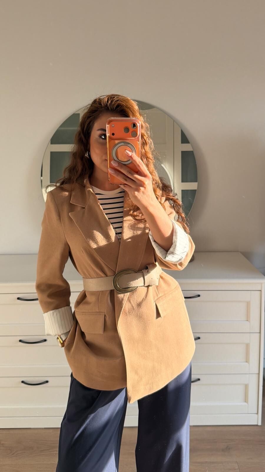 Kemerli Keten Blazer Camel