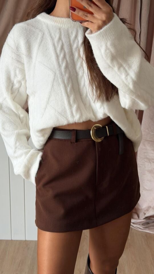 Kemerli Kumaş Şort Etek Kahve