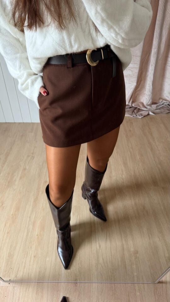 Kemerli Kumaş Şort Etek Kahve