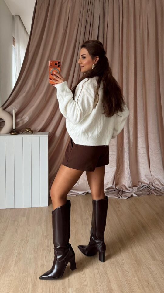 Kemerli Kumaş Şort Etek Kahve