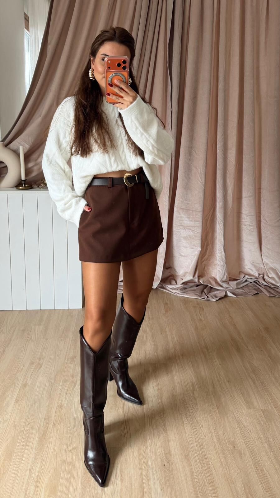 Kemerli Kumaş Şort Etek Kahve