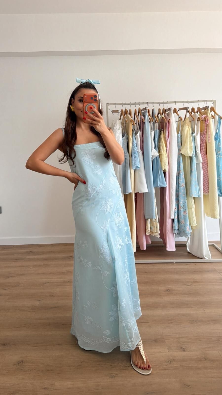 Bebe Mavi Nakışlı Midi Elbise