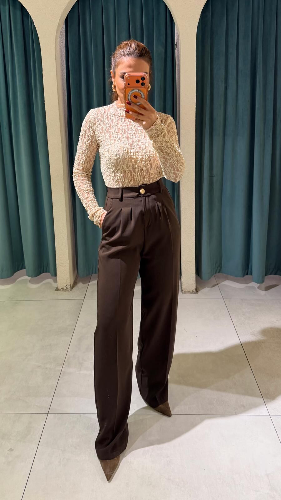 Gold Düğme Pileli Palazzo Kahve