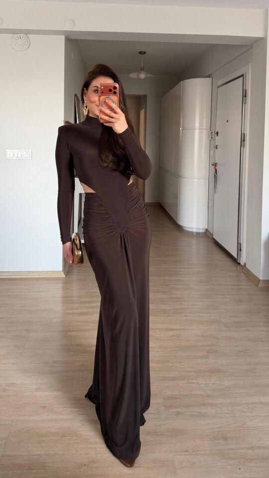 Kahve Vatkalı Drapeli Elbise