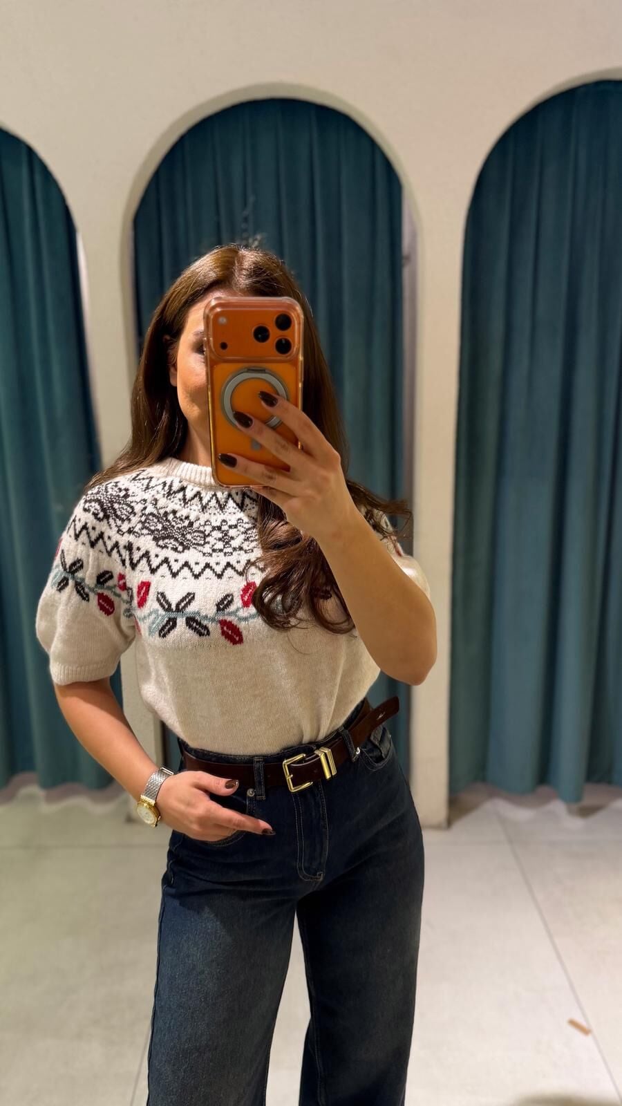 Desenli Kısa Kol Kazak Laci-Ekru