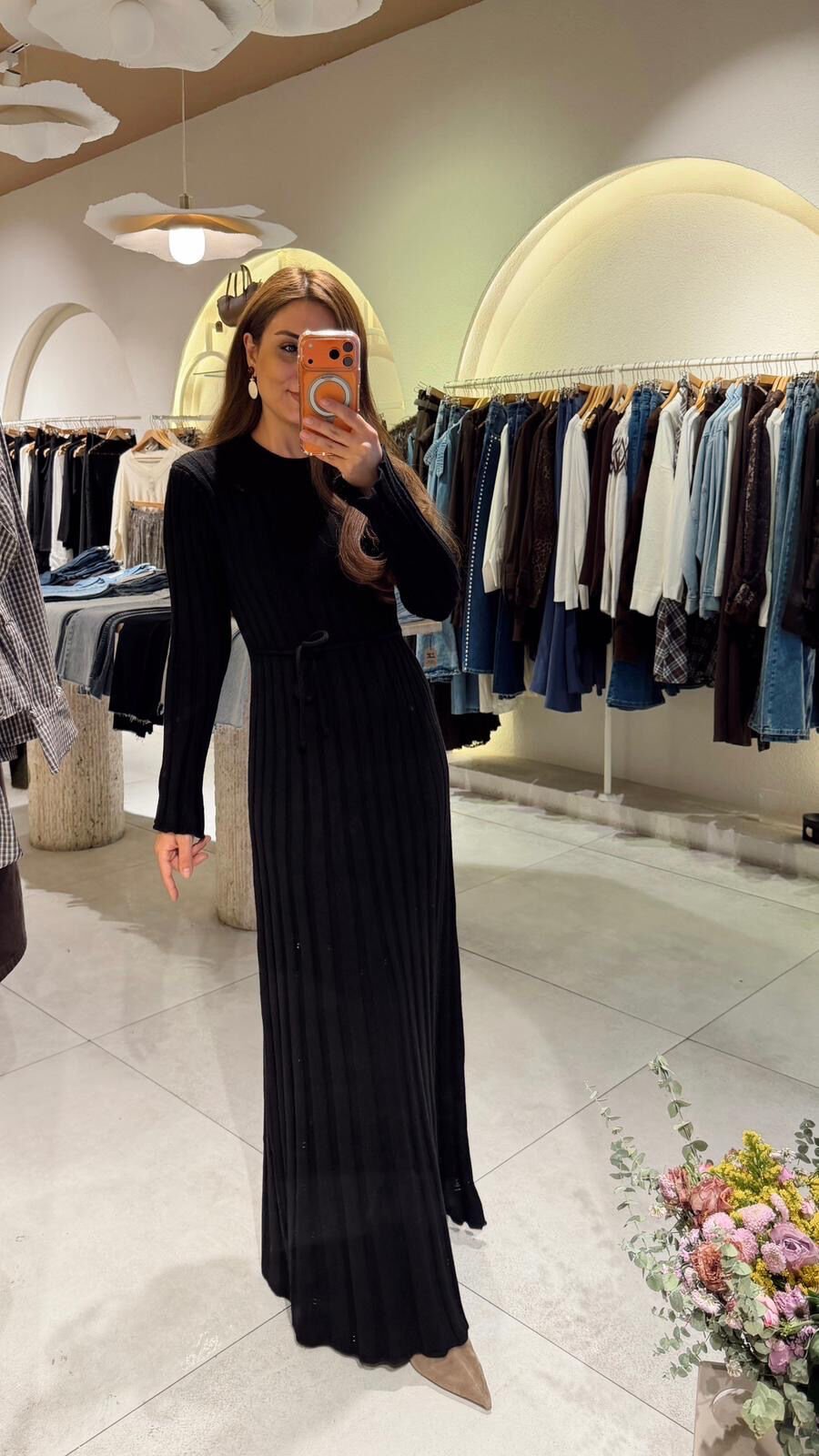 Bağcıklı Triko Elbise Siyah