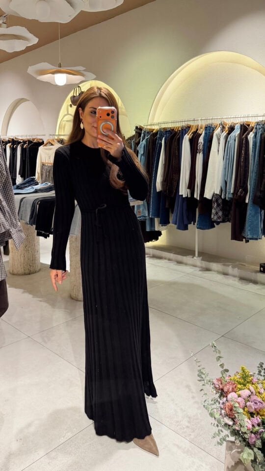 Bağcıklı Triko Elbise Siyah