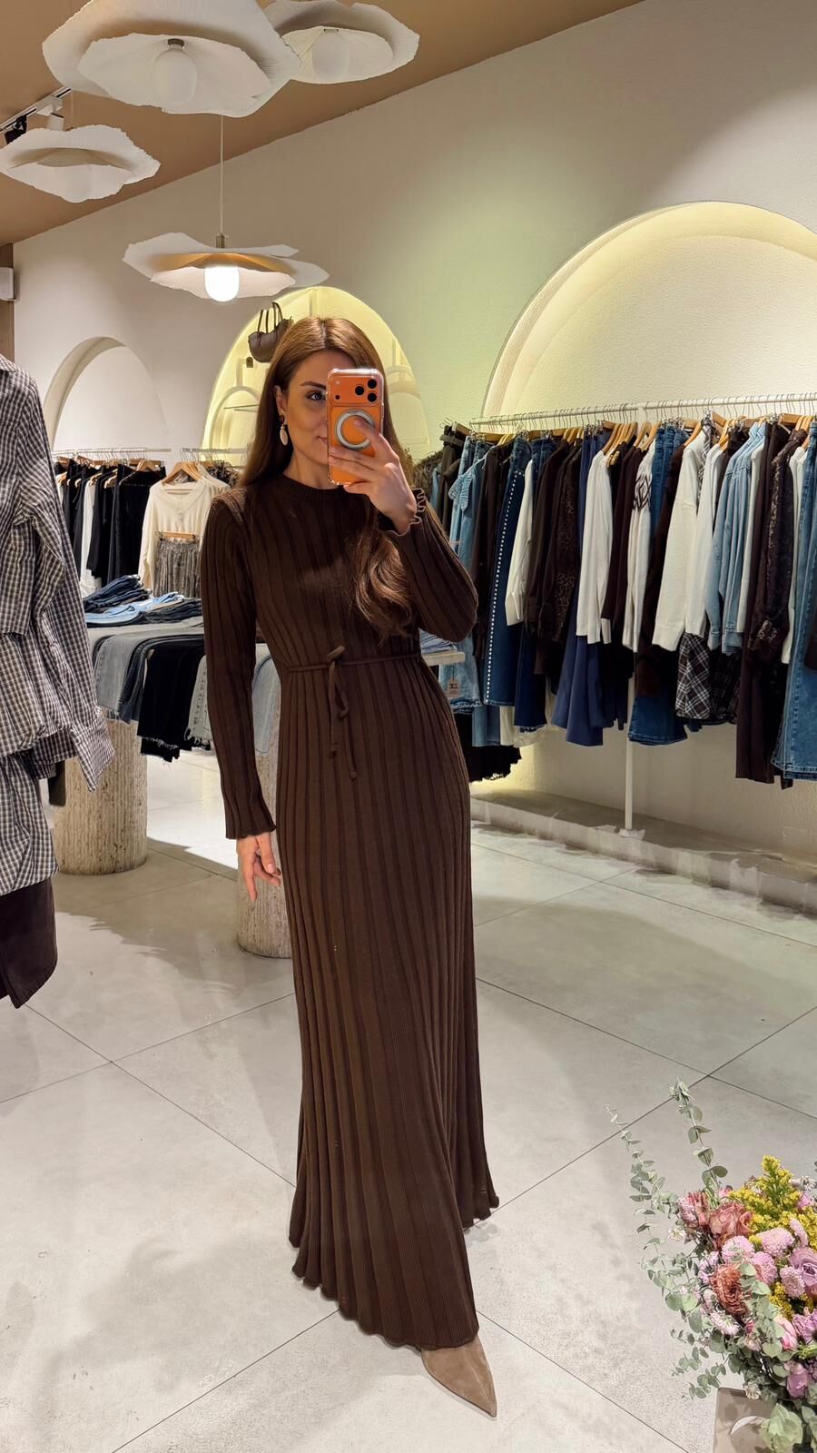 Bağcıklı Triko Elbise Kahve