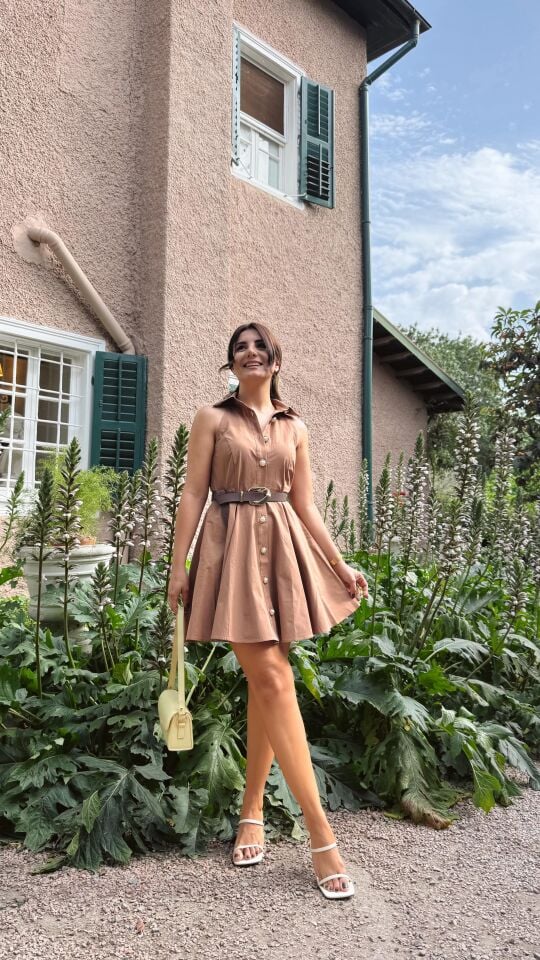 İnci Düğme Kahve Elbise