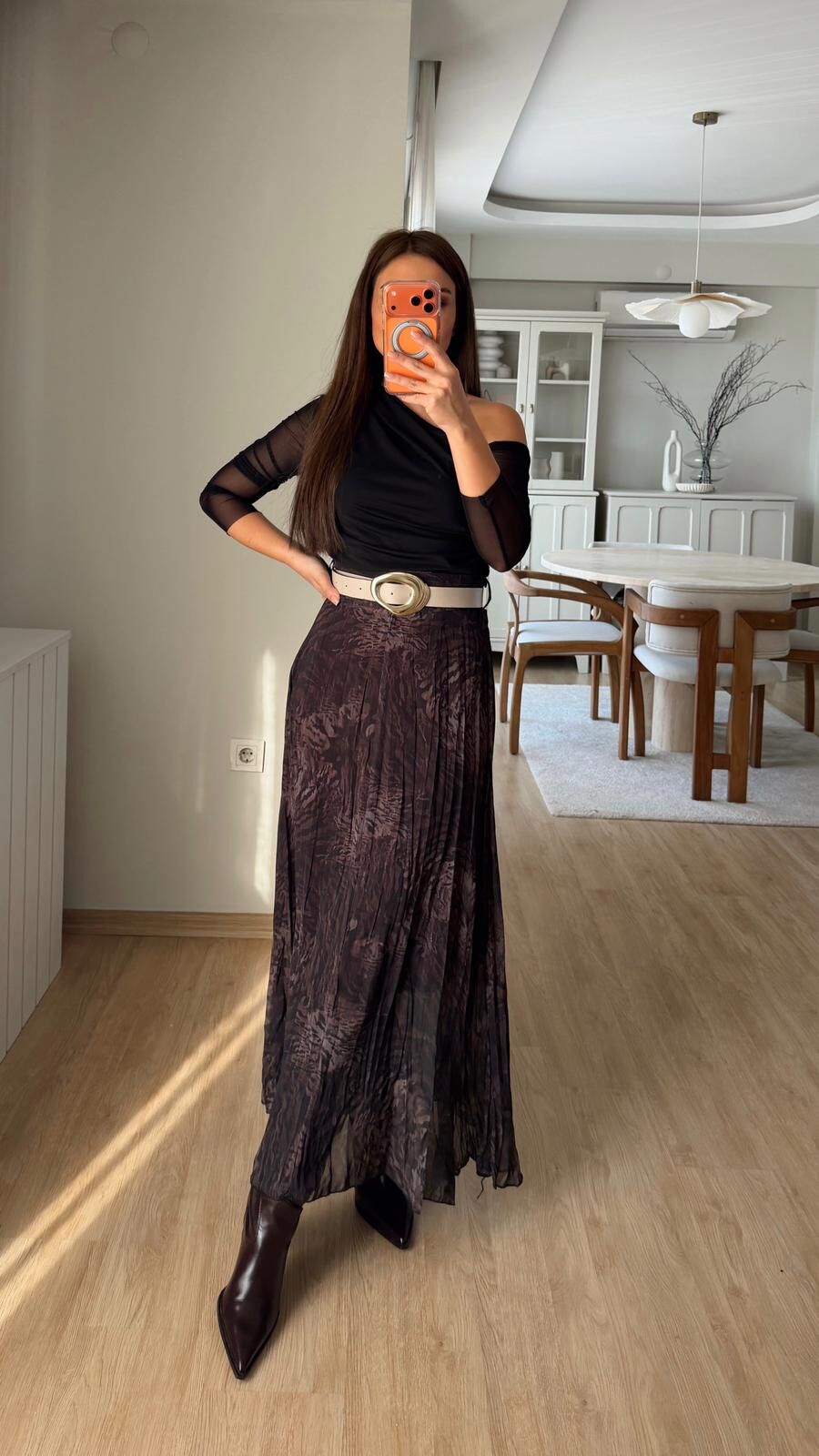 Gold Kemerli Desenli Etek