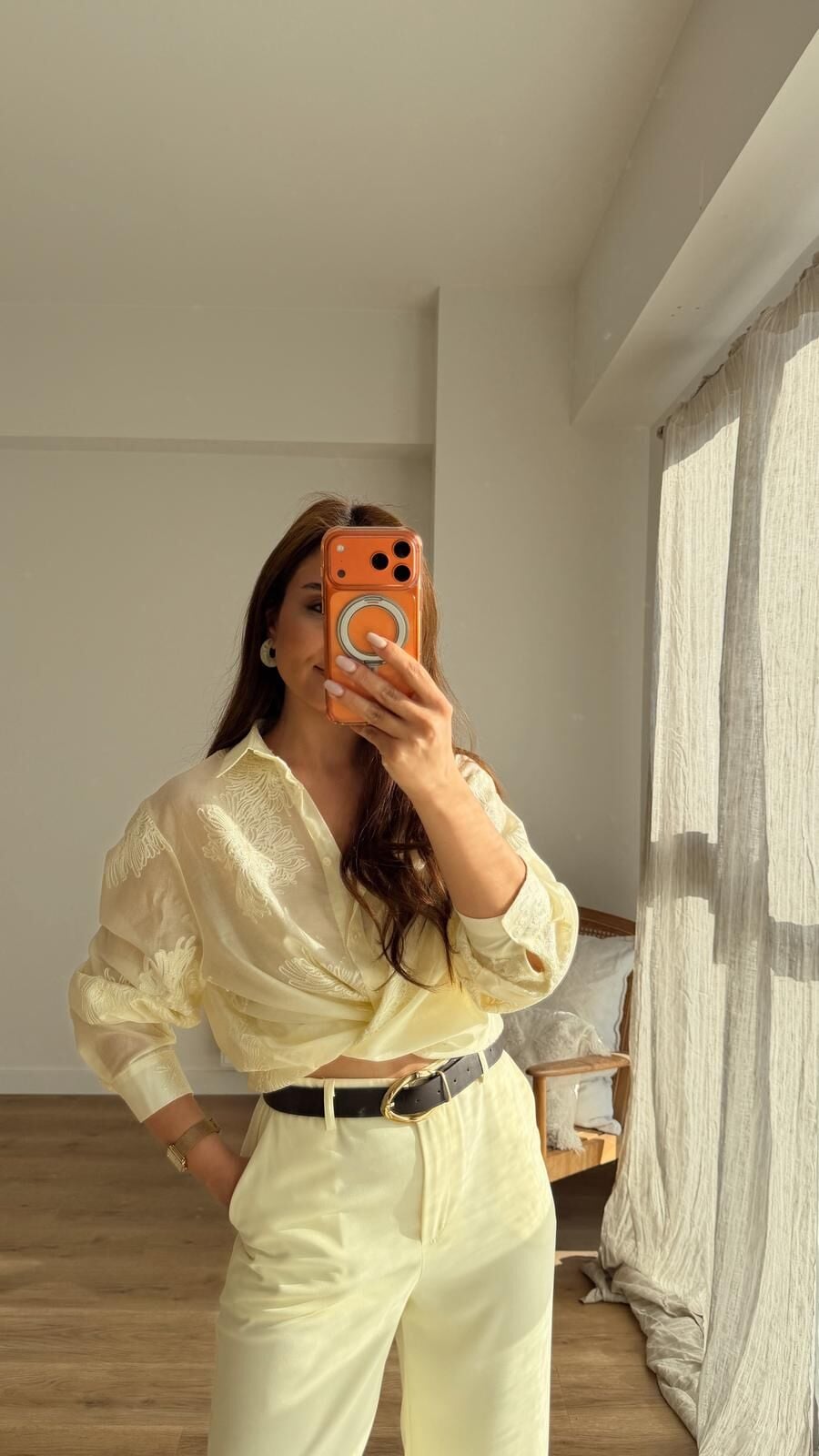 Nakışlı Oversize Gömlek Sarı