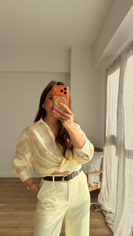 Nakışlı Oversize Gömlek Sarı