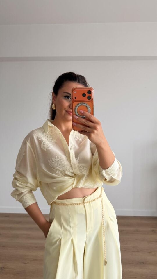 Nakışlı Oversize Gömlek Sarı