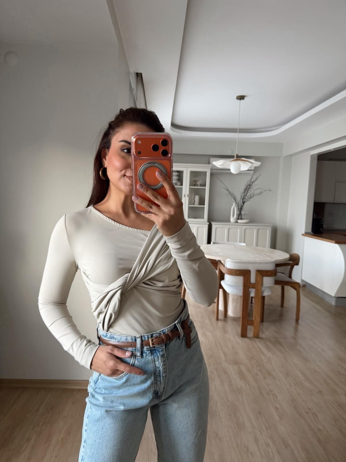 Düğümlü Jarse Bluz Bej