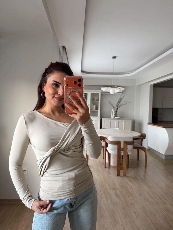 Düğümlü Jarse Bluz Bej