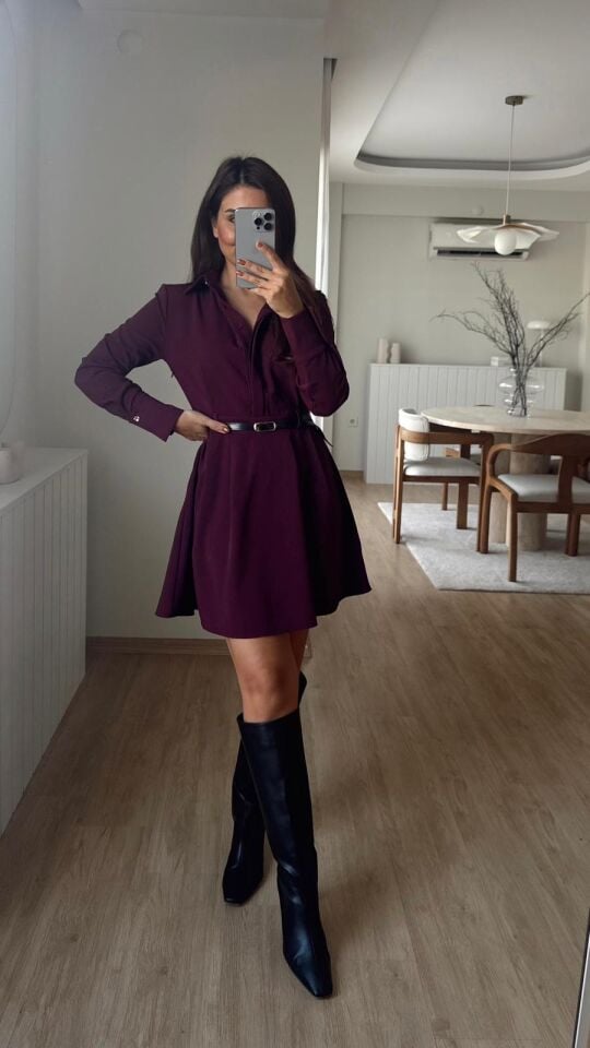 Kemerli Bordo Elbise