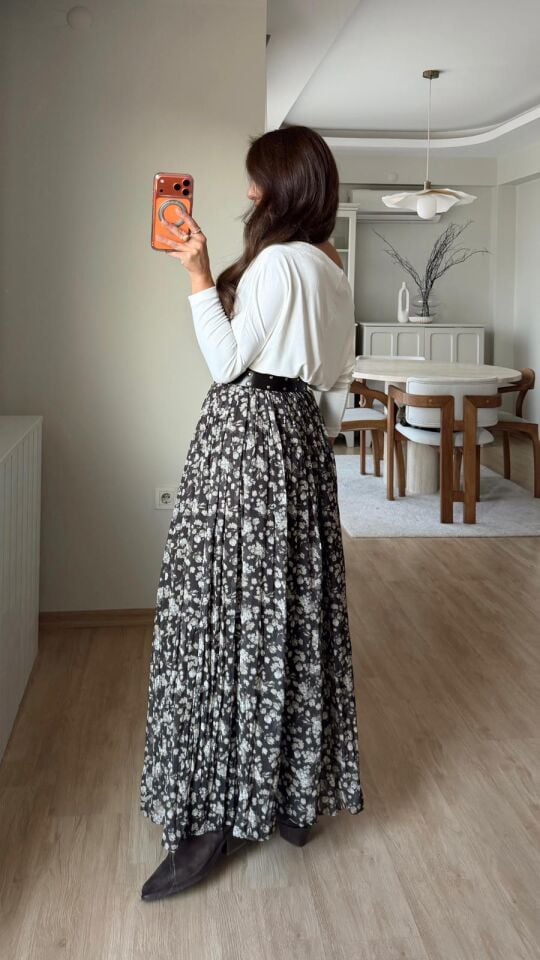 Zımba Kemerli Çiçekli Etek Haki